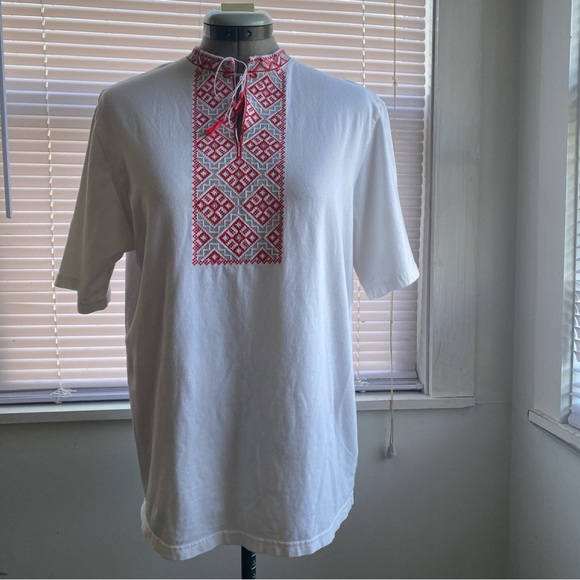 Ukrainian Embroidered Folk Tunic White Red Unisex 100% Cotton Size L - Picture 11 of 11